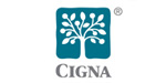 The image displays a logo with text that reads CIGNA above a stylized graphic resembling a leaf, accompanied by a tree branch design and a globe motif at the bottom.